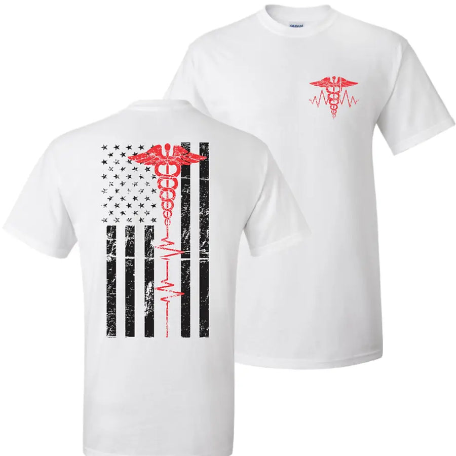 Patriotic EMS Medical Flag T-Shirt, Vintage Graphic Tee with Caduceus & Heartbeat Line, Soft Cotton Blend Shirt, EMT Paramedic Apparel for Men & Women, Hero Gift Idea