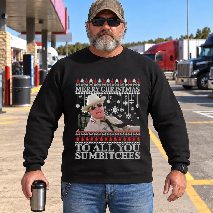 Nostalgic-style Christmas design featuring Sheriff Buford T. Justice from the film "Smokey and the Bandit"
