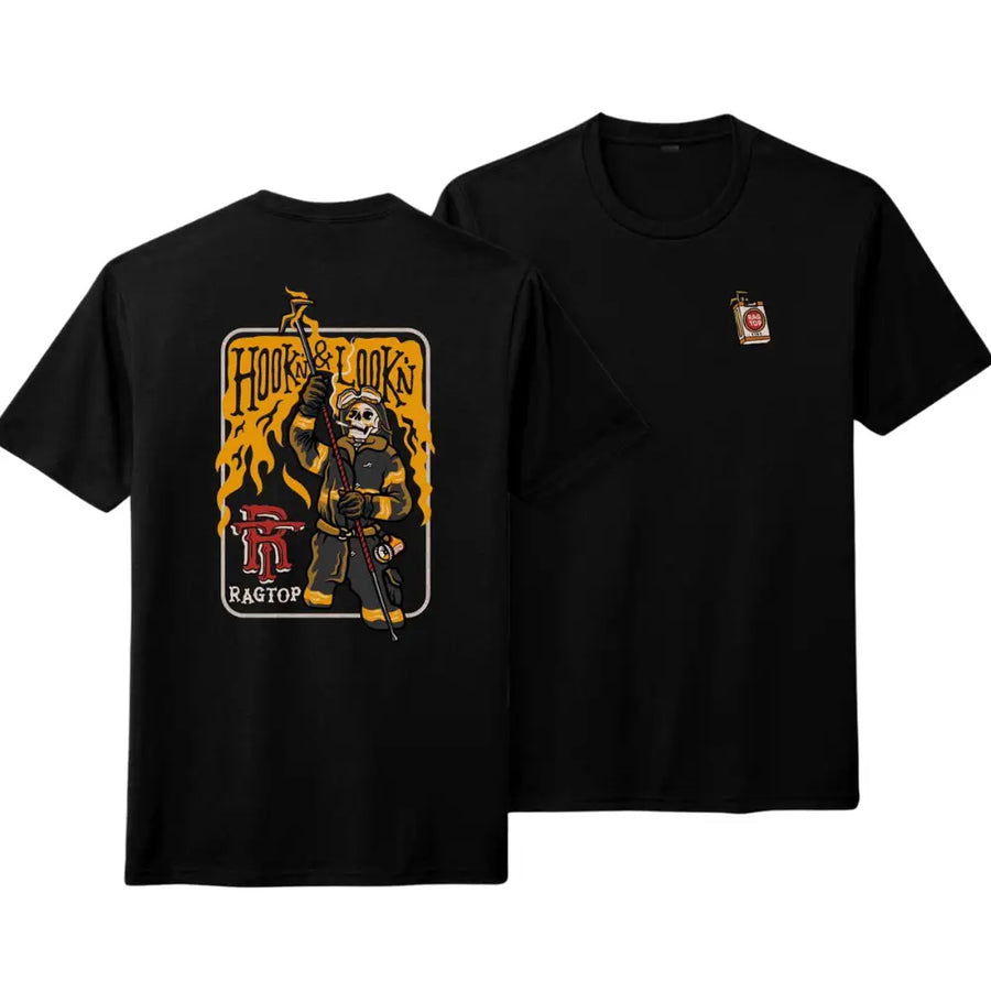 Hook & Lookn Firefighter T-Shirt, Vintage Fire Rescue Graphic Tee, Soft Cotton Blend Shirt, Bold Firefighter Apparel for Men & Women, Fun Fire Rescue Gift