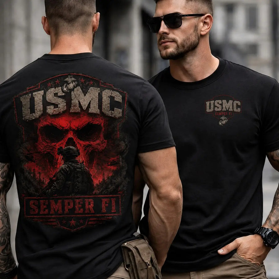USMC Semper Fi Skull Shirt, Marine Corps Veteran Military T-Shirt, United States Marines Graphic Tee, Tactical Warrior Skull Apparel, Veteran Gift for Men, Patriotic Military Supporter Shirt, USMC Semper Fidelis Combat Graphic Tee