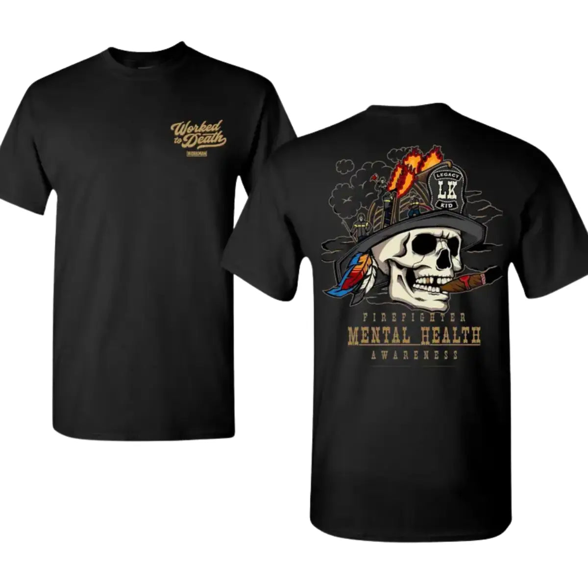 Firefighter Mental Health Awareness Shirt - Worked To Death Graphic Tee | Badass Skull Fireman Apparel | Heavy Cotton Streetwear - Support Our Heroes
