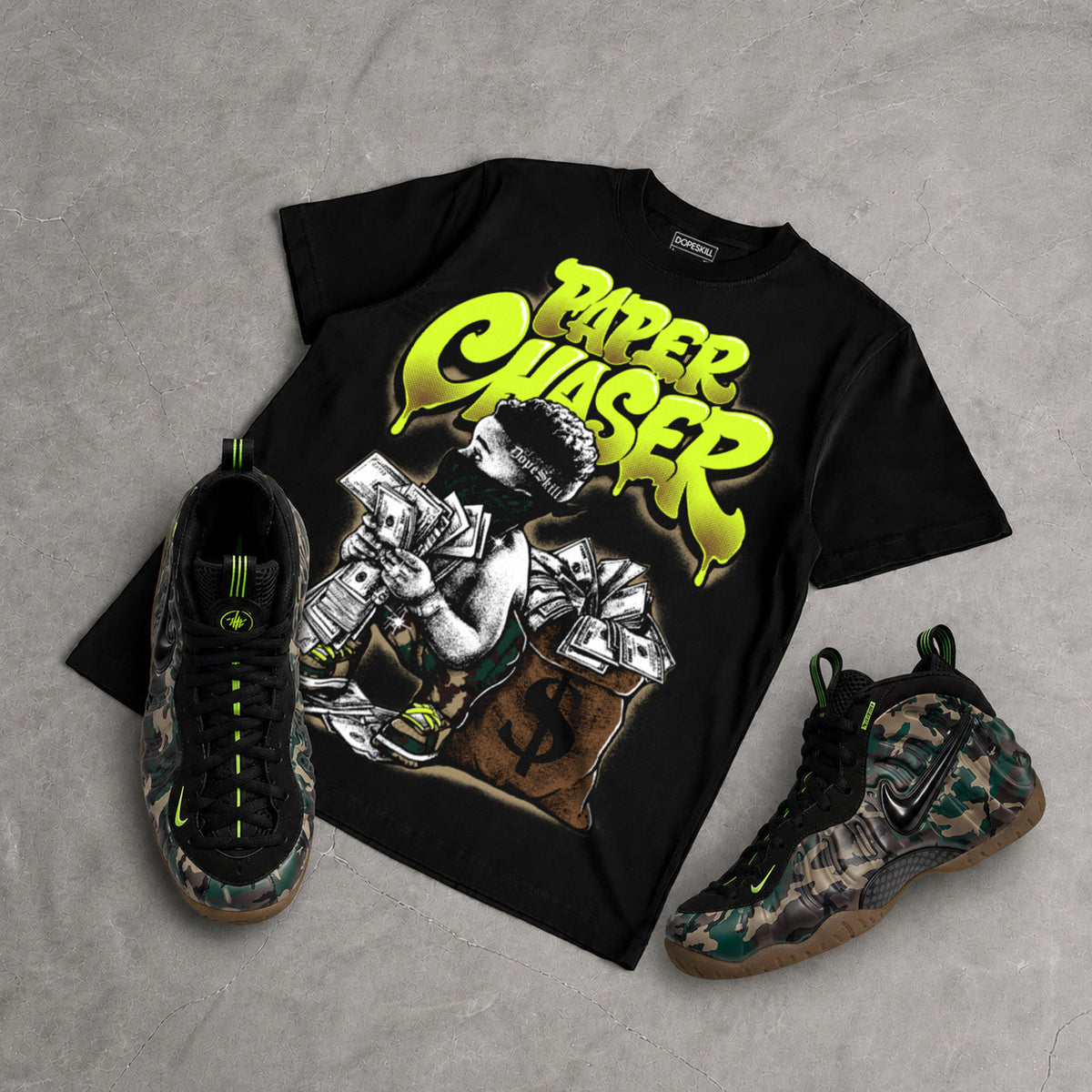 Foamposite One Green Camo DopeSkill T-Shirt Paper Chaser Boy Graphic