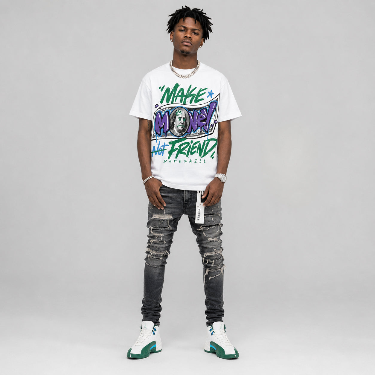 Bucks 12s DopeSkill T-Shirt Make Money Not Friend Typo Graphic