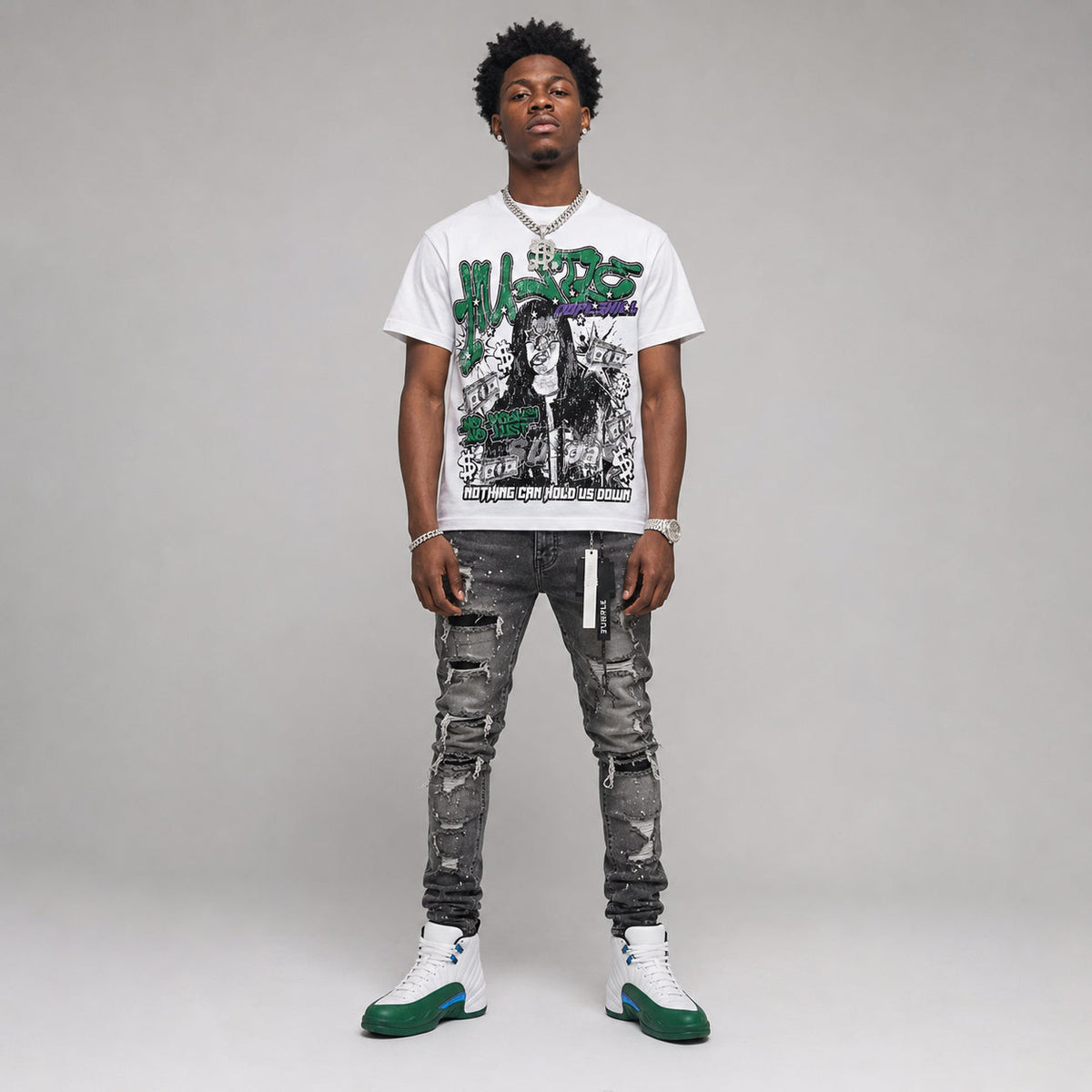 Bucks 12s DopeSkill Oversize Print T-Shirt No Money No Lust Graphic