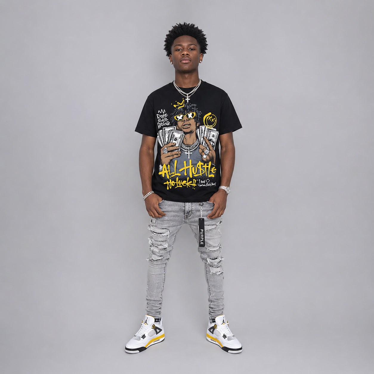 Tour Yellow 4s DopeSkill T-Shirt All Hustle No Luck Graphic