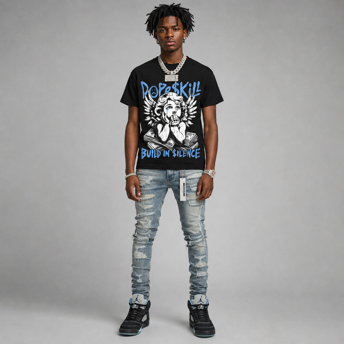 Black University Blue 5s DopeSkill Oversize Print T-Shirt Build in Silence Graphic