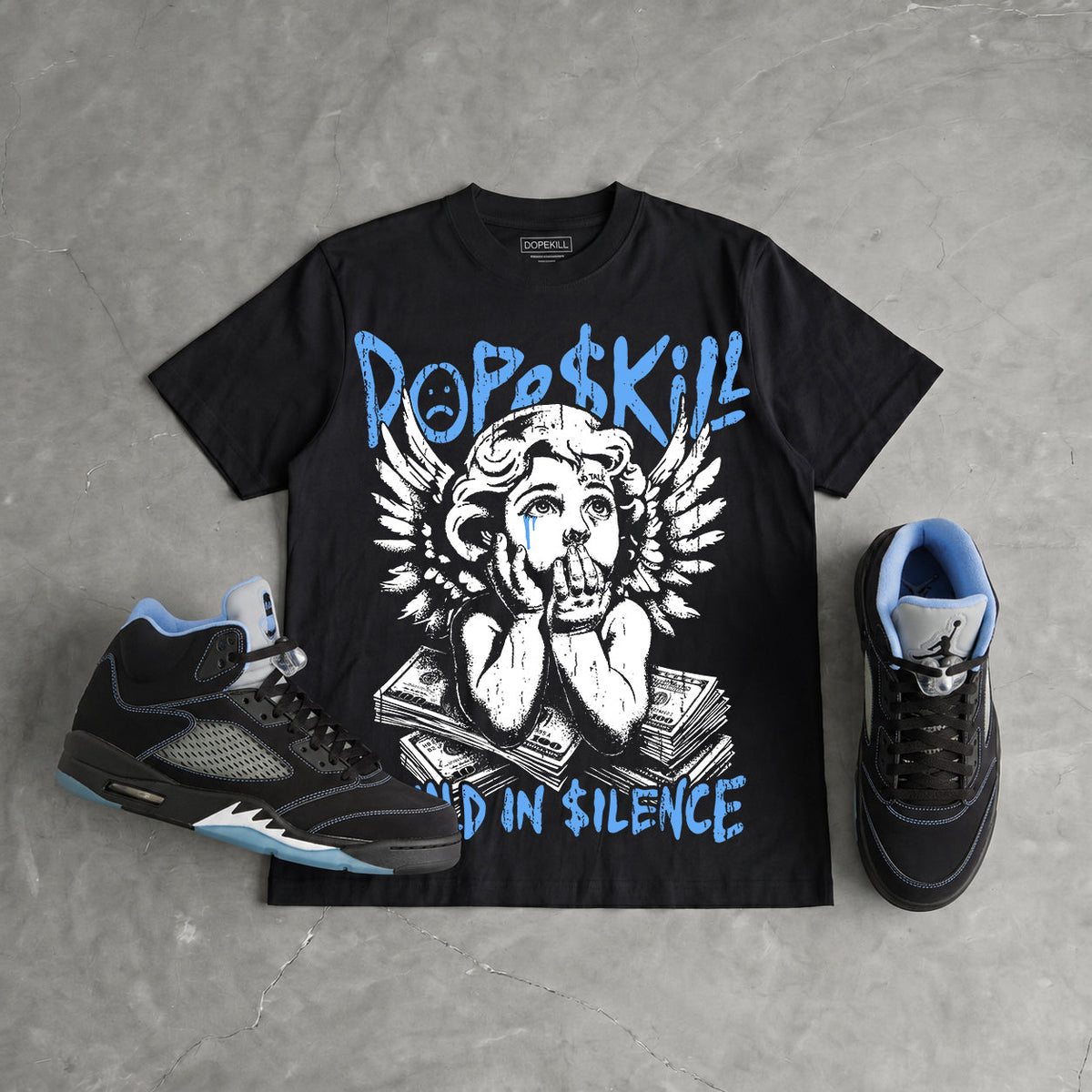 Black University Blue 5s DopeSkill Oversize Print T-Shirt Build in Silence Graphic