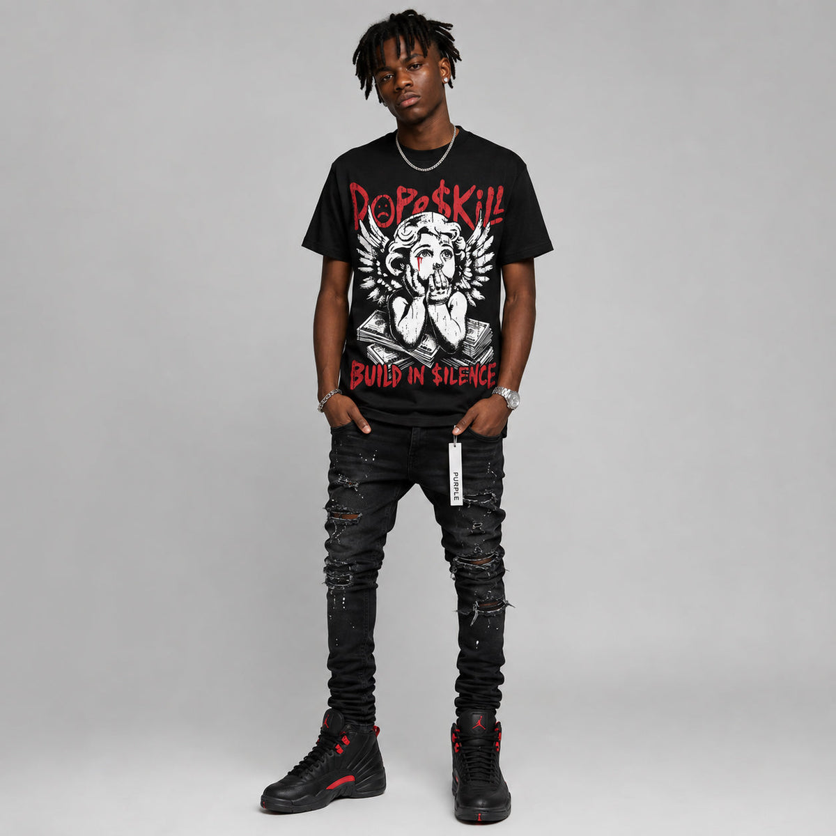 Bloodline 12s DopeSkill Oversize Print T-Shirt Build in Silence Graphic