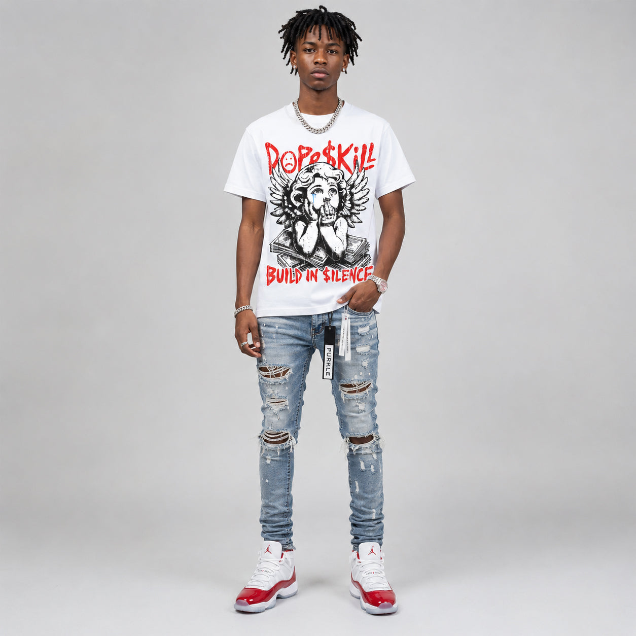 Cherry 11s DopeSkill Oversize Print T-Shirt Build in Silence Graphic