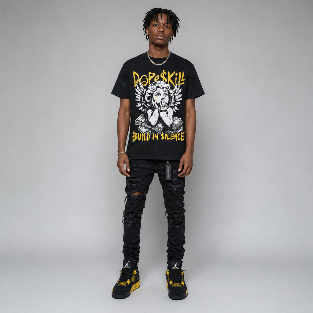 Black Tour Yellow AJ 4 Thunder DopeSkill Oversize Print T-Shirt Build in Silence Graphic