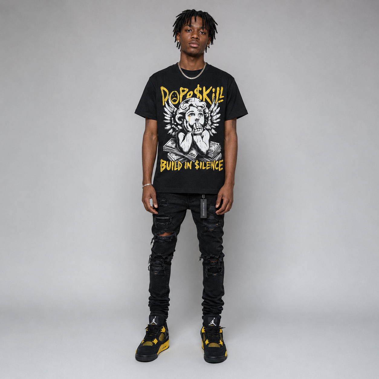 Black Tour Yellow AJ 4 Thunder DopeSkill Oversize Print T-Shirt Build in Silence Graphic