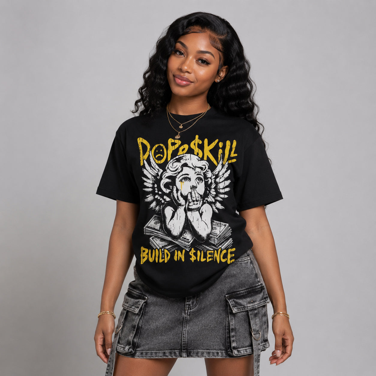 Black Tour Yellow AJ 4 Thunder DopeSkill Oversize Print T-Shirt Build in Silence Graphic