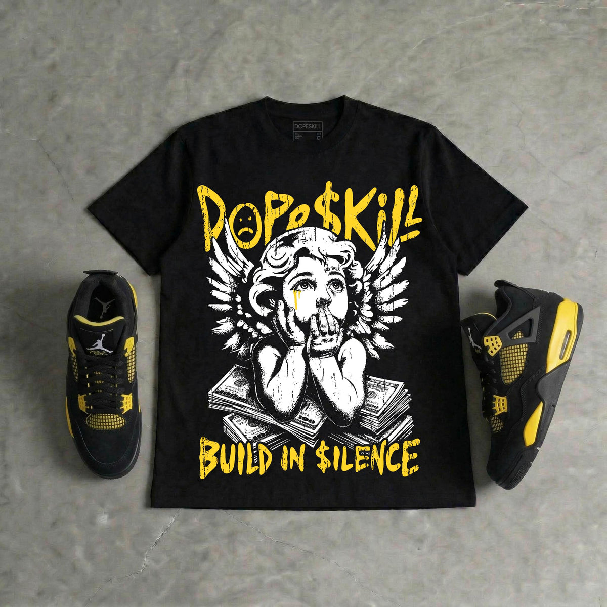Black Tour Yellow AJ 4 Thunder DopeSkill Oversize Print T-Shirt Build in Silence Graphic