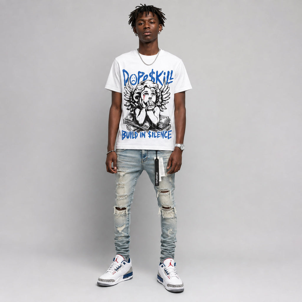 True Blue 3s DopeSkill Oversize Print T-Shirt Build in Silence Graphic