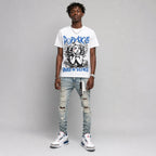True Blue 3s DopeSkill Oversize Print T-Shirt Build in Silence Graphic