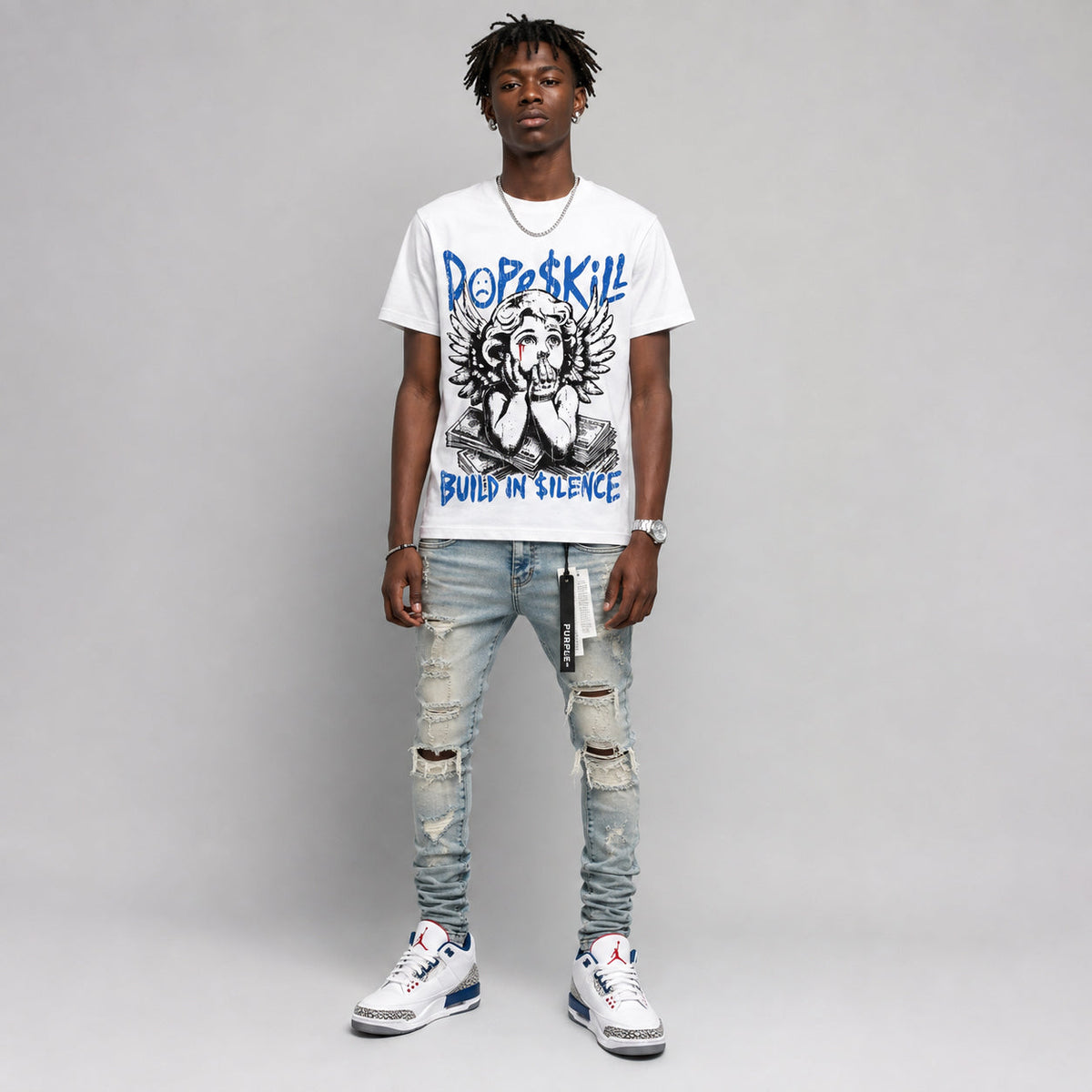 True Blue 3s DopeSkill Oversize Print T-Shirt Build in Silence Graphic