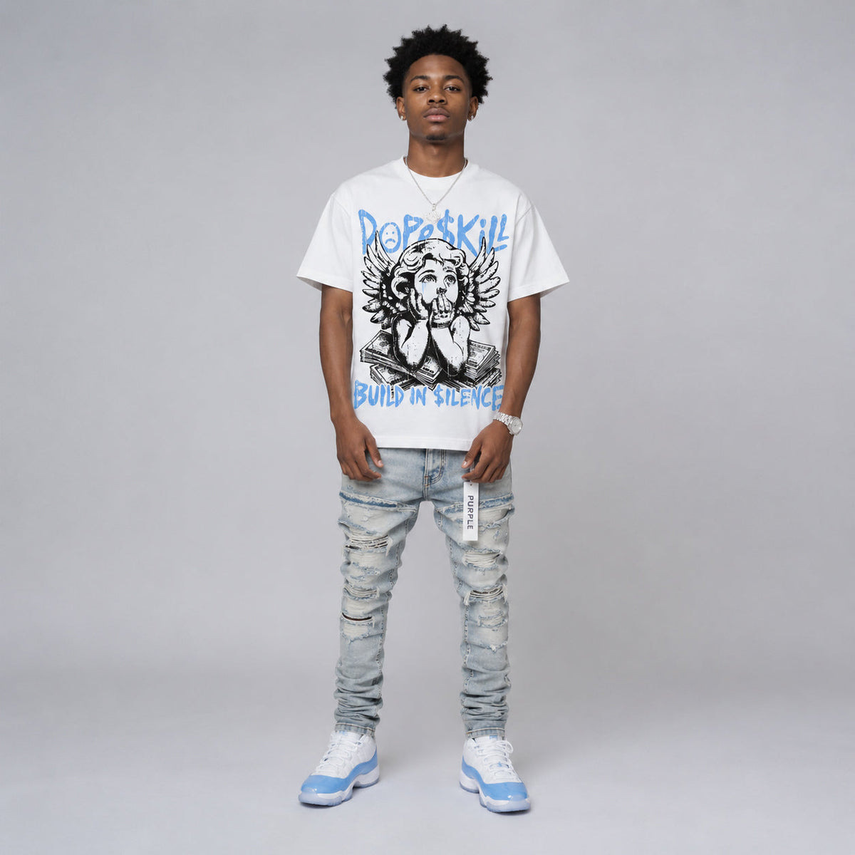 UNC 11s DopeSkill Oversize Print T-Shirt Build in Silence Graphic