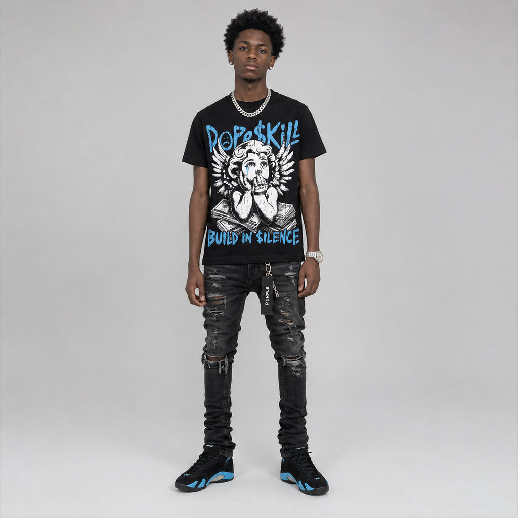 University Blue 14s DopeSkill Oversize Print T-Shirt Build in Silence Graphic
