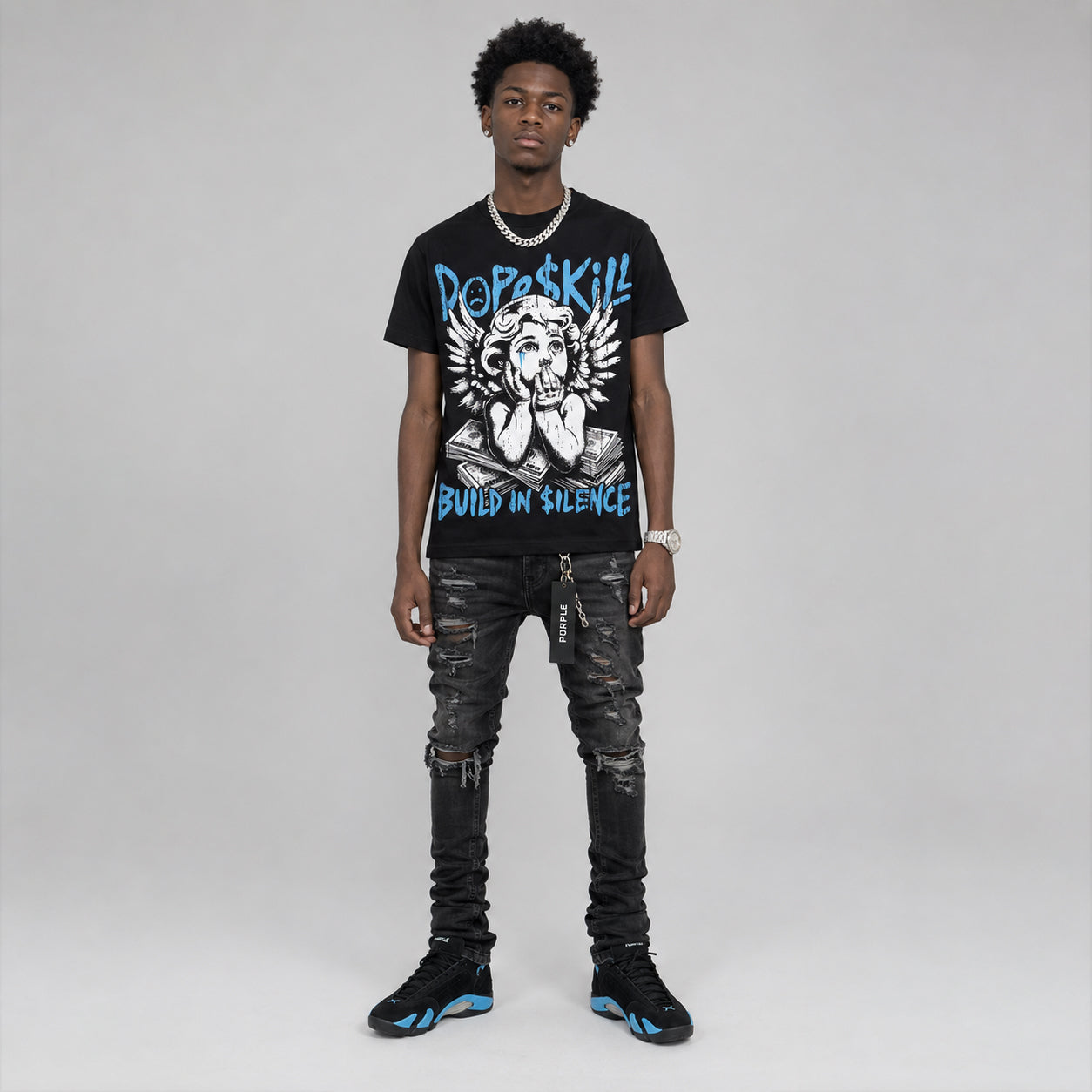 University Blue 14s DopeSkill Oversize Print T-Shirt Build in Silence Graphic