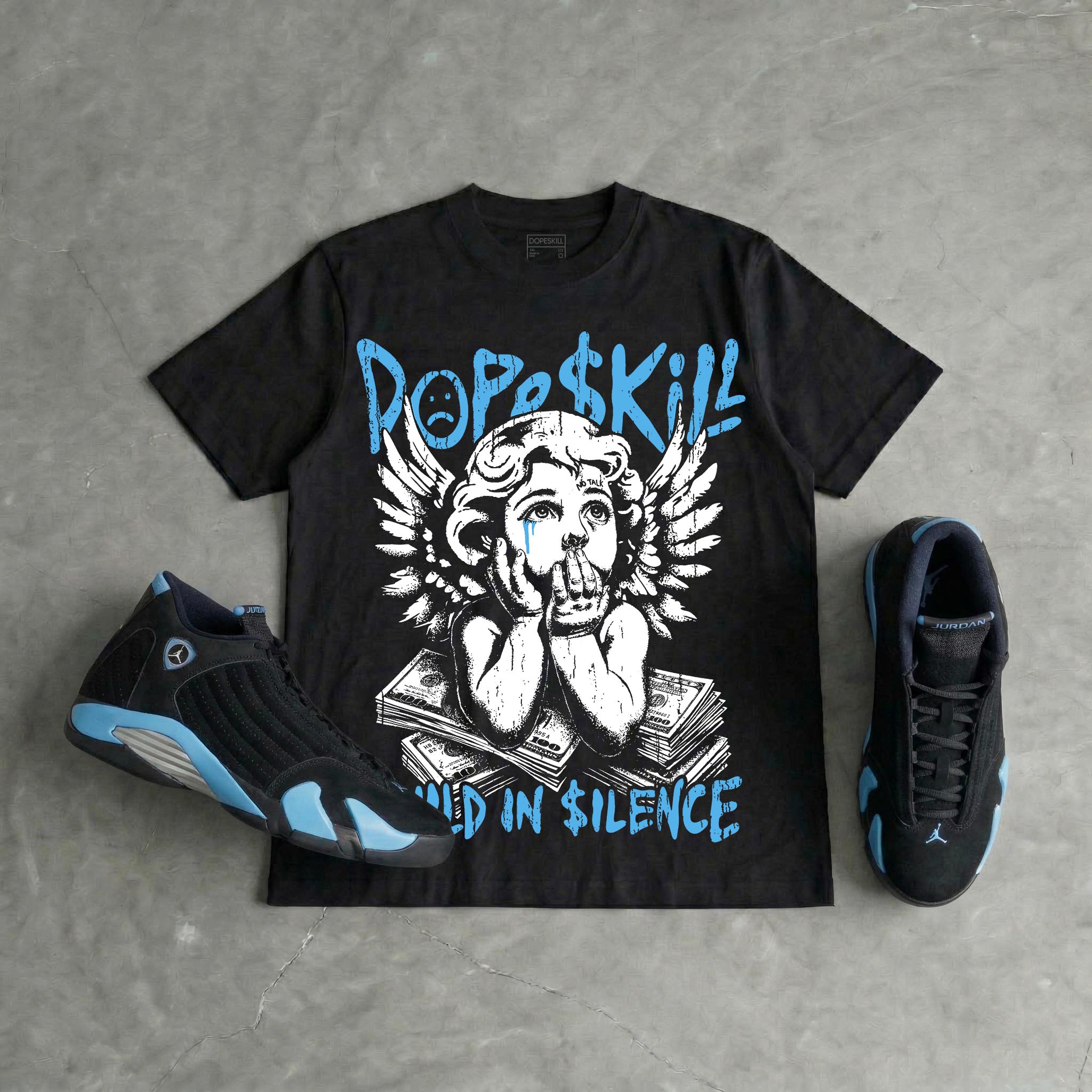 University Blue 14s DopeSkill Oversize Print T-Shirt Build in Silence Graphic