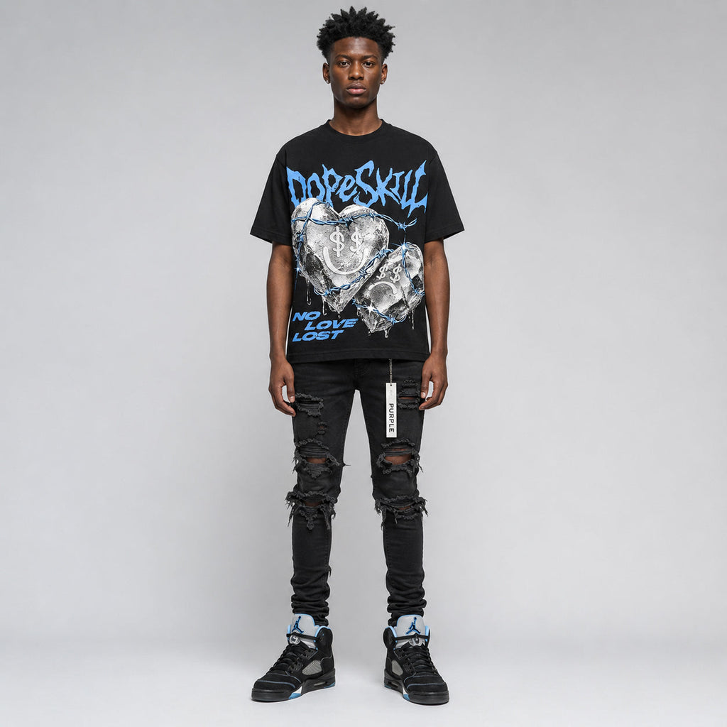 Black University Blue 5s DopeSkill Oversize Print T-Shirt No Love Lost Graphic