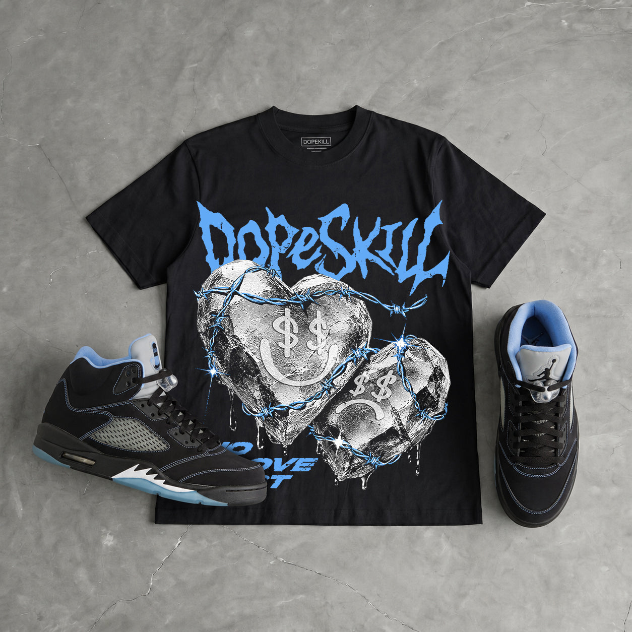 Black University Blue 5s DopeSkill Oversize Print T-Shirt No Love Lost Graphic
