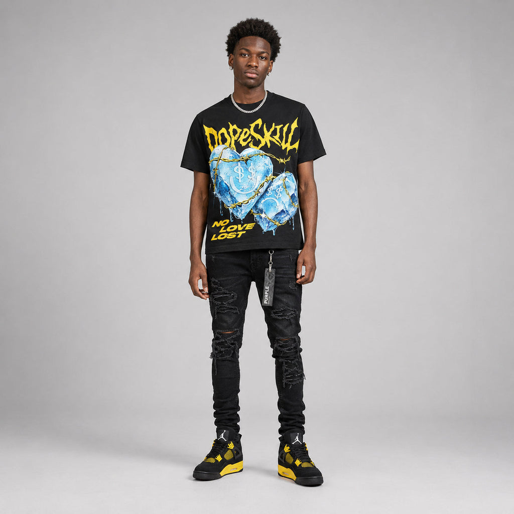 Black Tour Yellow AJ 4 Thunder DopeSkill Oversize Print T-Shirt No Love Lost Graphic
