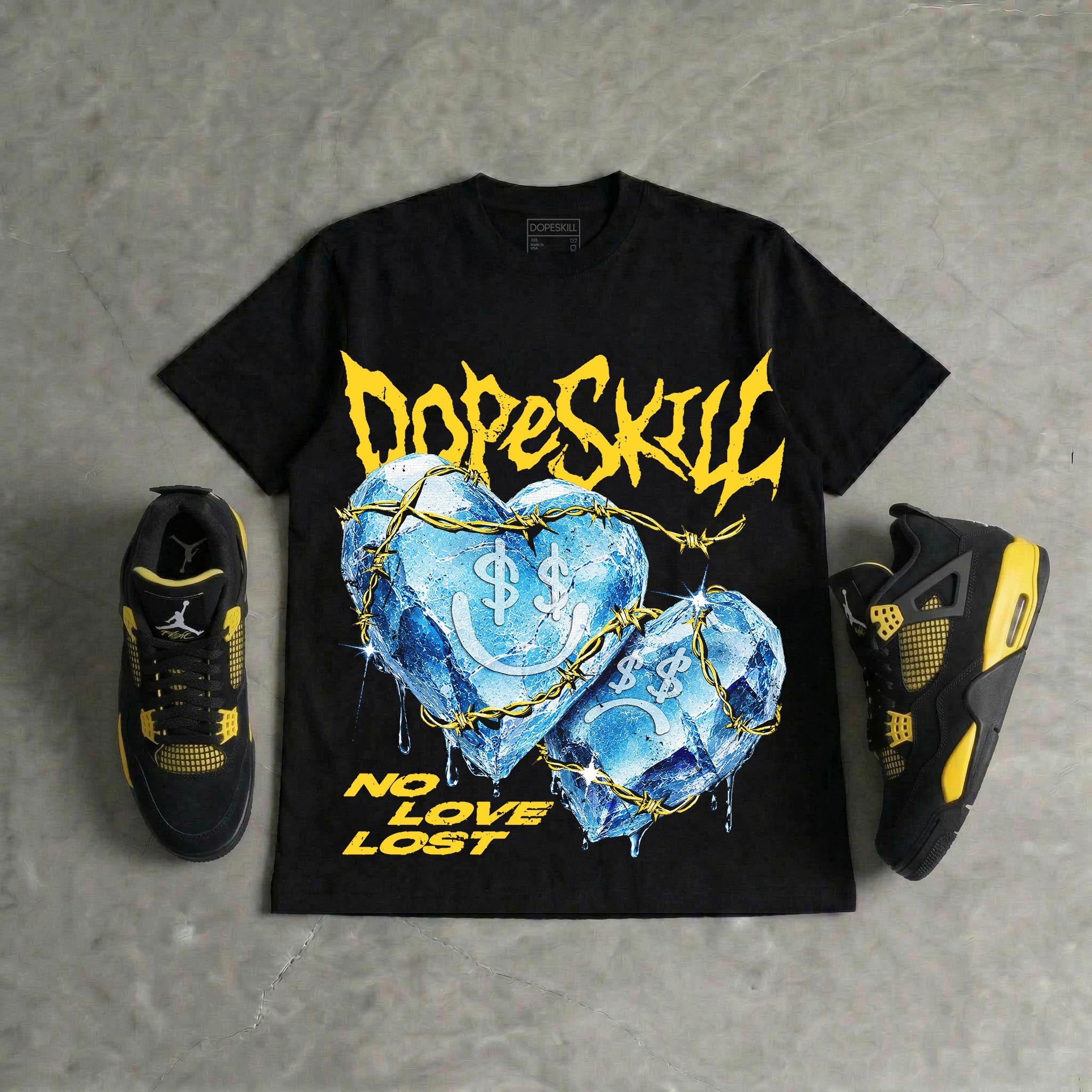 Black Tour Yellow AJ 4 Thunder DopeSkill Oversize Print T-Shirt No Love Lost Graphic