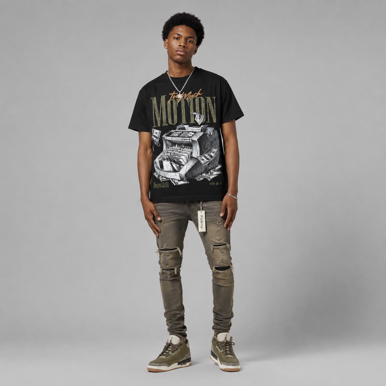 Medium Olive 3s DopeSkill T-Shirt Too Much Motion Graphic