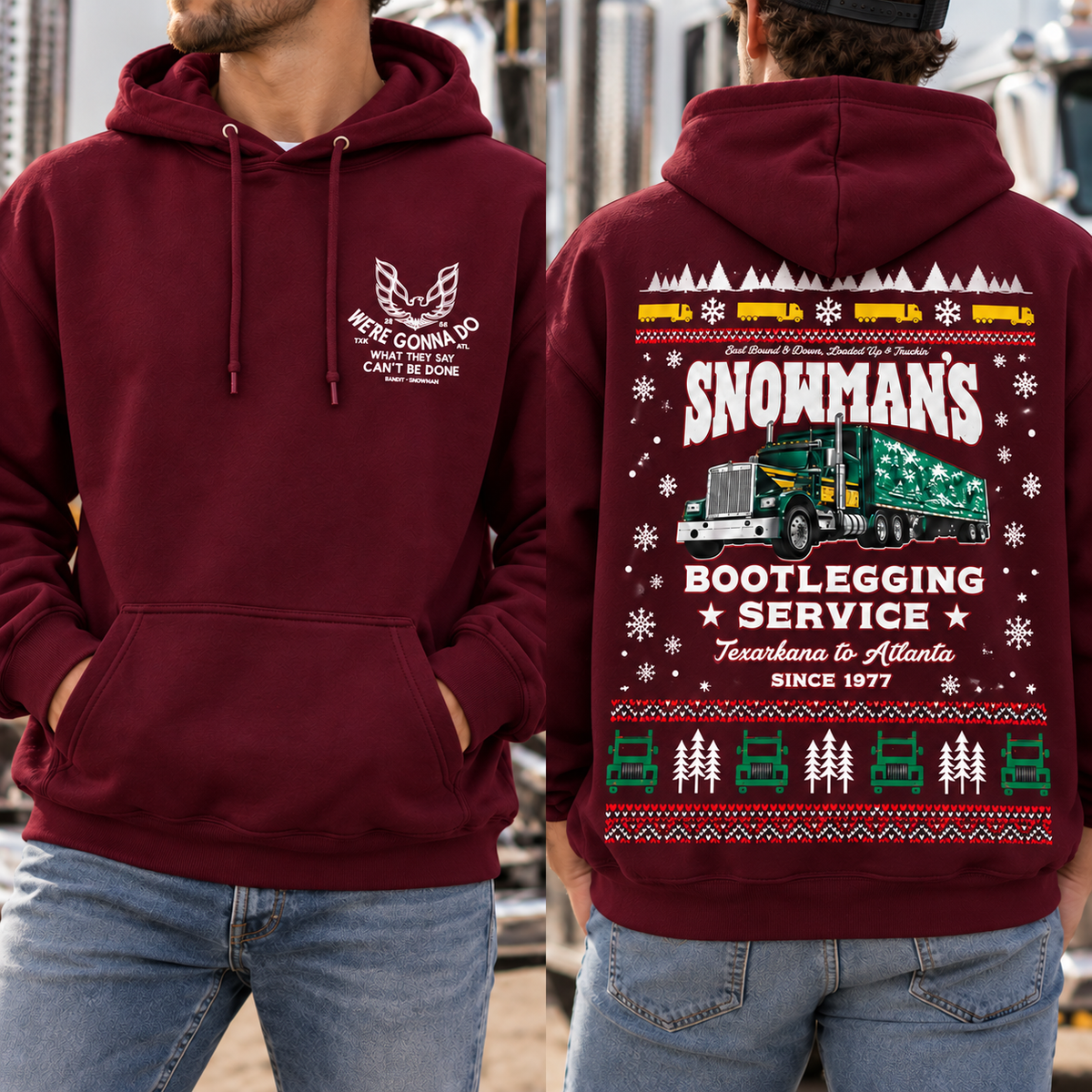 Snowman’s Bootlegging Service Christmas Shirt, Two-Sided Print Trucker Graphic Tee, Vintage Holiday Semi Truck T-Shirt, Retro Christmas Truck Driver Gift, Since 1977 Xmas Tee 3