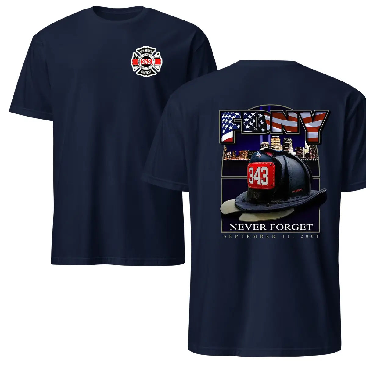 343 Firefighter Memorial T-Shirt, 9/11 Never Forget Tribute Tee, FNY Helmet Graphic Shirt, Soft Cotton Blend Shirt, New York's Bravest Apparel for Men & Women